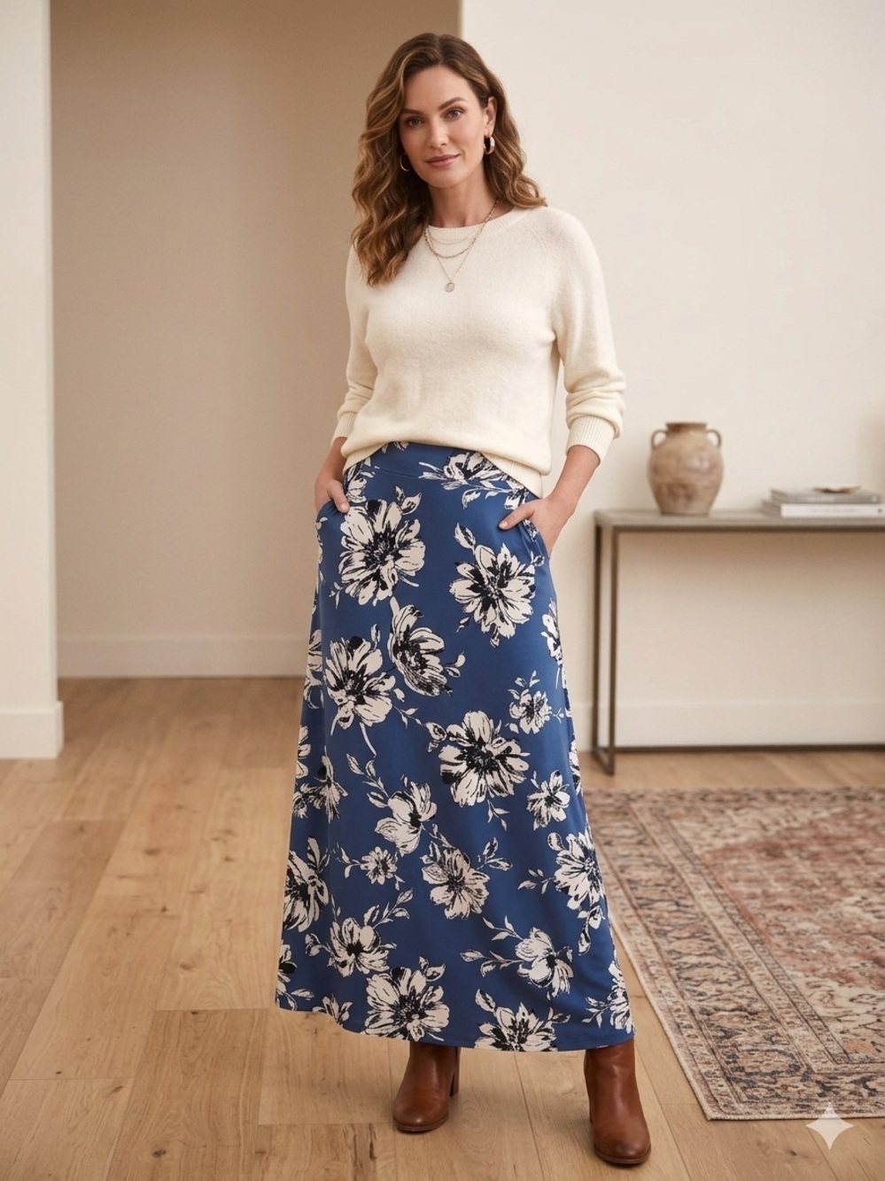 Gilli Delina Blue Floral Knit Maxi Skirt